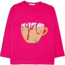 Bubuga Kız Çocuk %100 Pamuk Fuşya Renk Girl Mug Baskılı Uzun Kol Tshirt