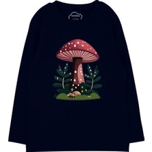 Bubuga Kız Çocuk %100 Pamuk Lacivert Renk Mantar Baskılı Uzun Kol Tshirt