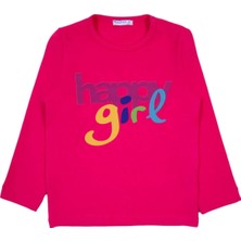 Bubuga Kız Çocuk %100 Pamuk Fuşya Renk Happy Girl Baskılı Uzun Kol Tshirt