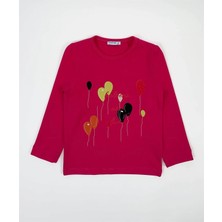 Bubuga Kız Çocuk %100 Pamuk Fuşya Renk Balon Baskılı Uzun Kol Tshirt