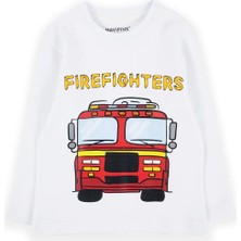 Bubuga Erkek Çocuk %100 Pamuk Beyaz Renk Itfaiye Baskılı Uzun Kol Tshirt