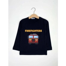 Bubuga Erkek Çocuk %100 Pamuk Lacivert Renk Itfaiye Baskılı Uzun Kol Tshirt