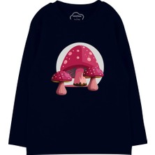 Bubuga Kız Çocuk %100 Pamuk Lacivert Renk Fuşya Mantar Baskılı Uzun Kol Tshirt