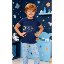 NiCe İç Giyim Uzay Temalı Lacivert & Açık Mavi Renk Bisiklet Yaka Pamuk Penye Erkek Çocuk Pijama Takım