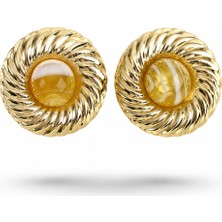 Serelya Pirinç Gold Renk Kehribar Boncuklu Vintage Kadın Küpe