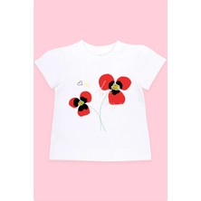 Bubuga Kız Çocuk %92 Pamuk Beyaz Gelincik Baskılı Kısa Kol Tshirt