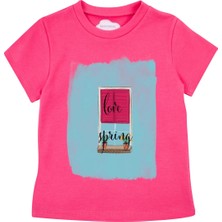 Bubuga Kız Çocuk %100 Pamuk Fuşya Love Spring Baskılı Kısa Kol Tshirt