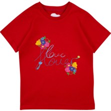 Bubuga Kız Çocuk %100 Pamuk Kırmızı Love Papatya Baskılı Kısa Kol Tshirt