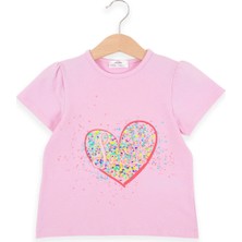 Bubuga Kız Çocuk %100 Pamuk Pembe Renk Kalp Baskılı Kısa Kol Tshirt
