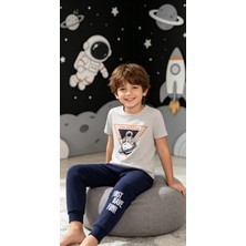 NiCe İç Giyim Astronot Baskı Gri & Siyah Renk Bisiklet Yaka Manşetli Paça Cepli Pamuk Penye Erkek Çocuk Pijama Alt & Üst Takım