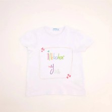 Bubuga Kız Çocuk %100 Pamuk Beyaz Renk Ilkbahar Yaz Baskılı Kısa Kol Tshirt