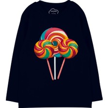 Bubuga Kız Çocuk %100 Pamuk Lacivert Renk Lolipop Baskılı Uzun Kol Tshirt