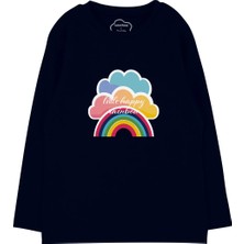 Bubuga Kız Çocuk %100 Pamuk Lacivert Renk Gökkuşağı Baskılı Uzun Kol Tshirt