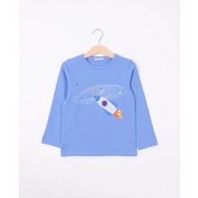 Bubuga Erkek Çocuk %100 Pamuk Gök Mavi Renk Uzay Basklı Uzun Kol Tshirt