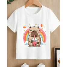 Nigrum Pardus Nıgrum Pardus Yeni Sezon Capybara Gökkuşağı Baskılı %100 Pamuk Oversize Kız Çocuk T-Shirt