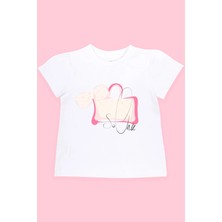 Bubuga Kız Çocuk Pamuklu Beyaz So Chic Baskılı Kısa Kol Tshirt