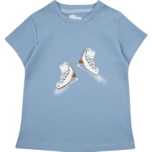 Bubuga Kız Çocuk %100 Pamuk Gök Mavi Buz Pateni Baskılı Kısa Kol Tshirt