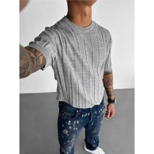Elku Moda Old Money Style Erkek Slim Fit Dikey Çizgili T-Shirt Bisiklet Yaka Fitilli Triko Örme Tişört