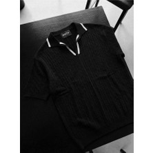 Elku Moda Erkek Italyan Yaka Triko Tişört - Slim Fit Örme Kontrast Şeritli Old Money Polo Yaka T-Shirt