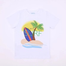 Bubuga Erkek Çocuk %100 Pamuk Beyaz Renk Surf Deniz Baskılı Kısa Kol Tshirt