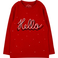 Bubuga Kız Çocuk %100 Pamuk Kırmızı Renk Hello Baskılı Uzun Kol Tshirt