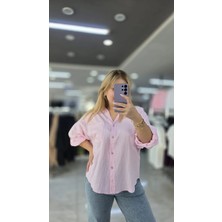 İnci Ersöz Pamuklu Salaş Gömlek  A Pile Oversize Pembe 1283