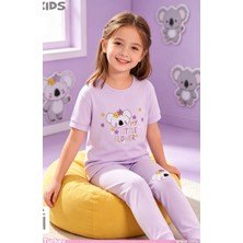 NiCe İç Giyim Sevimli Koala Desen Lila Renk Bisiklet Yaka Manşetli Paça Cep Detay Pamuk Penye Kız Çocuk Pijama Takım