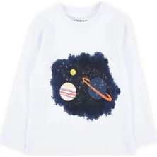 Bubuga Erkek Çocuk %100 Pamuk Beyaz Renk Galaksi Baskılı Uzun Kol Tshirt