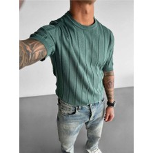Elku Moda Old Money Style Erkek Slim Fit Dikey Çizgili T-Shirt Bisiklet Yaka Fitilli Triko Örme Tişört