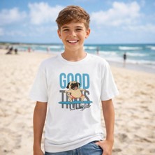 Bubuga Good Times Surf Köpek Baskılı Çocuk Tişört Beyaz Pamuklu Yazlık T-Shirt