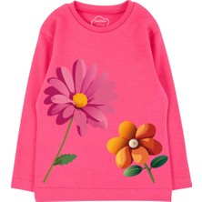 Bubuga Kız Çocuk %100 Pamuk Fuşya Renk Çiçek Baskılı Uzun Kol Tshirt