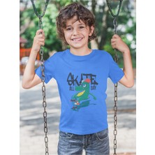 Bubuga Erkek Çocuk Skate All Day Dinozor Baskılı Kısa Kollu Tişört – %100 Pamuk Süprem Kumaş