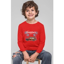 Bubuga Erkek Çocuk Kırmızı Yazlık Tshirt - Araba ve Palmiye Desenli, Uzun Kollu
