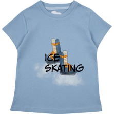Bubuga Erkek Çocuk %100 Pamuk Gök Mavi Ice Skating Baskılı Kısa Kol Tshirt