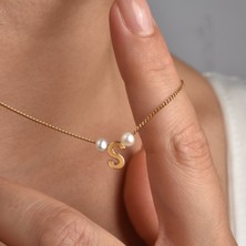 Nox Jewelry 14 Ayar Altın Kaplama Inci Detaylı Kişiye Özel Harf Gümüş Kolye  - Minimal Zarif KOLYE-CNP00157