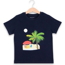 Bubuga Erkek Çocuk %100 Pamuk Lacivert Renk Palmiye Baskılı Kısa Kol Tshirt