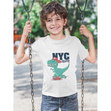 Bubuga Erkek Çocuk Nyc Skater Dinozor Baskılı Kısa Kollu Tişört – %100 Pamuk Süprem Kumaş