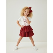Kidsroom Kız Çocuk Gabardin Etek Fiyonk Detaylı Tshirt Tokalı 3 Lü Takım
