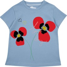 Bubuga Kız Çocuk %100 Pamuk Gök Mavi Gelincik Baskılı Kısa Kol Tshirt