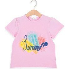 Bubuga Kız Çocuk %100 Pamuk Pembe Renk Summer Dondurma Baskılı Kısa Kol Tshirt