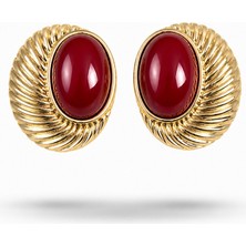 Serelya Pirinç Gold Renk Bordo Boncuklu Oval Vintage Kadın Küpe