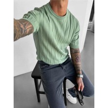 Elku Moda Old Money Style Erkek Slim Fit Dikey Çizgili T-Shirt Bisiklet Yaka Fitilli Triko Örme Tişört