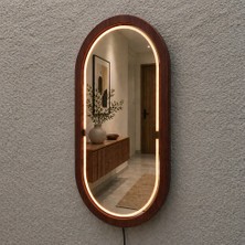 Aypars Atölye 18X32 cm Kayın Ahşap Çerçeveli Led’li Oval Ayna – 3000K Dimmer Işıklı Dekoratif Banyo Aynası (Maun)
