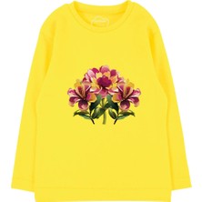 Bubuga Kız Çocuk %100 Pamuk Sarı Renk Çiçek Baskılı Uzun Kol Tshirt