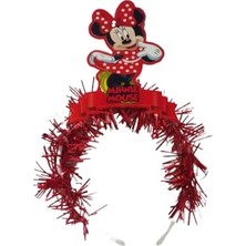 Dizayn Parti Evi Minnie Mouse'lu Çocuk Parti Tacı | Kırmızı - Pembe | Doğum Günü Kız Çocuk Taç | Parlak Tüylü Parti Aksesuarı