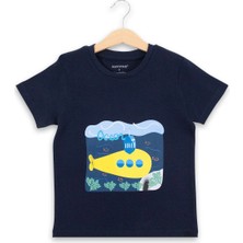Bubuga Erkek Çocuk %100 Pamuk Lacivert Renk Denizaltı Baskılı Kısa Kol Tshirt
