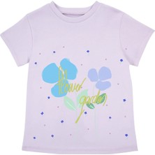 Bubuga Kız Çocuk %100 Pamuk Lila Zambak Baskılı Kısa Kol Tshirt