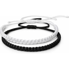 Siyah Beyaz Makrome Örgü Taraftar Unisex Ikili Bileklik 16CM-28CM