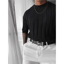 Elku Moda Old Money Style Erkek Slim Fit Dikey Çizgili T-Shirt Bisiklet Yaka Fitilli Triko Örme Tişört