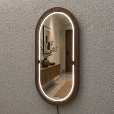 Aypars Atölye 18X32 cm Kayın Ahşap Çerçeveli Led’li Oval Ayna – 6500K Dimmer Işıklı Dekoratif Banyo Aynası (Ceviz)